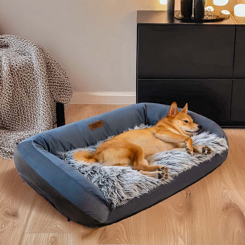 Top view of the Denim Rancher dog bed showing plush surface and 3-sided bolster cushions
