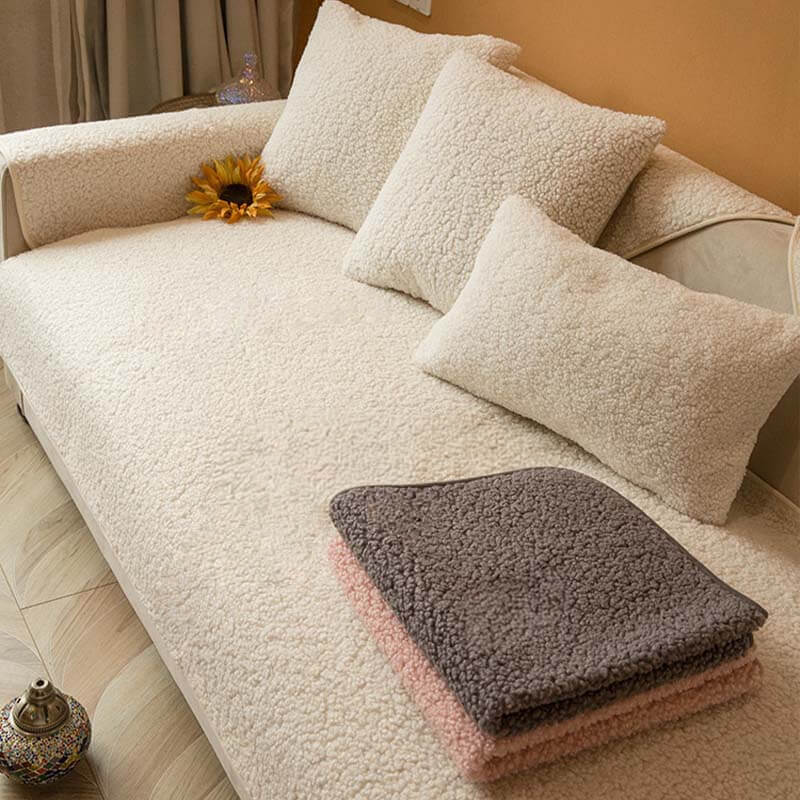CozyTeddy sofa cover in snowy white, perfect for winter warmth and pet-friendly use.
