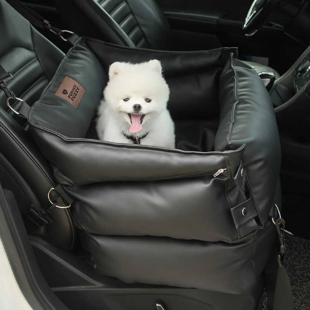 Luxury leather dog car seat bed for small dogs, showing the comfortable and stylish design