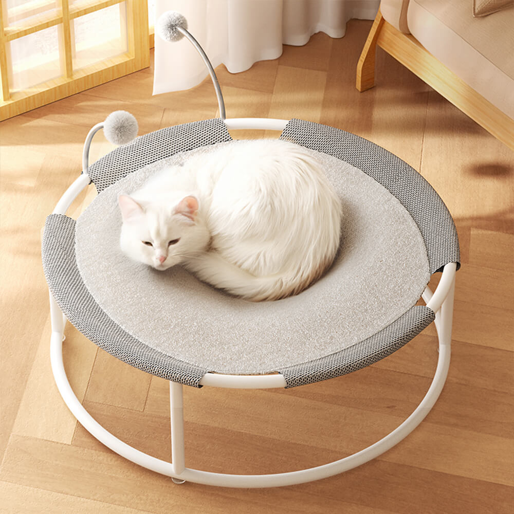 Elevated round cat bed with breathable mesh and playful pom-poms, shown in a living room setting.