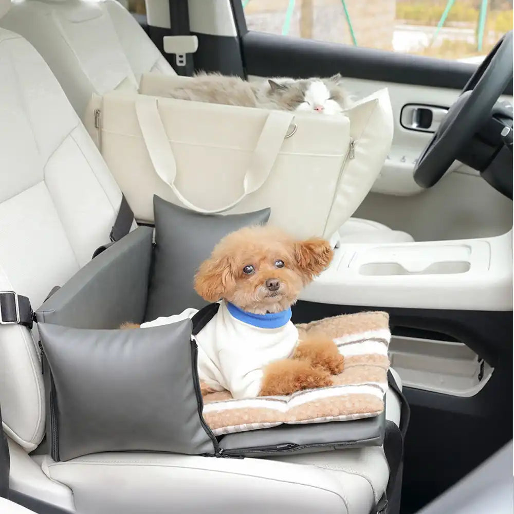 Waterproof pet car seat in car with small dog inside, showcasing travel comfort and safety features