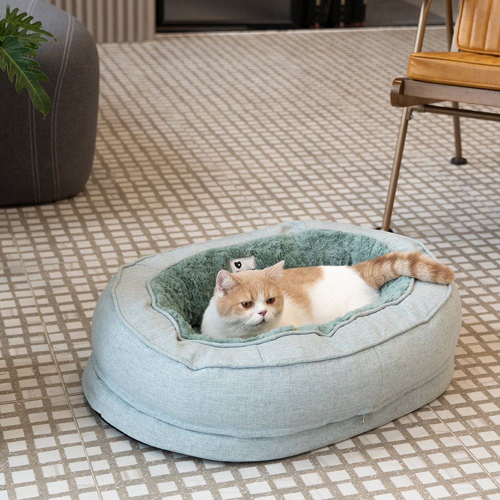 Close-up of orthopedic foam inside a donut dog bed showing support for joints
