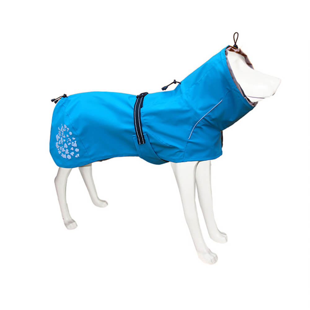 Side view of dog wearing reflective waterproof raincoat with turtleneck in rainy park