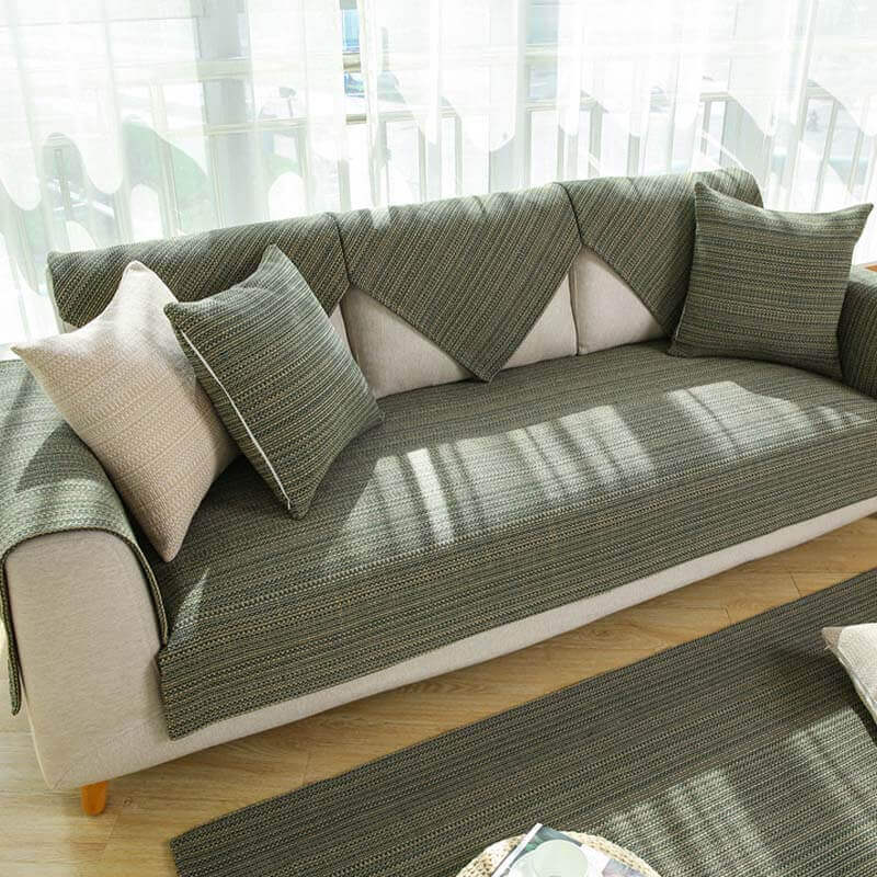 Handwoven linen sofa cover in a cozy living room setting showcasing its durability and anti-scratch features