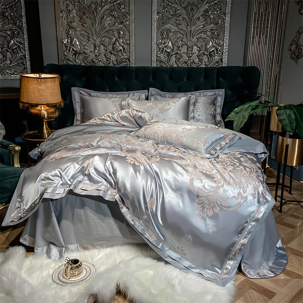 Close-up of glossy European jacquard cotton sateen bed sheets showcasing intricate pattern