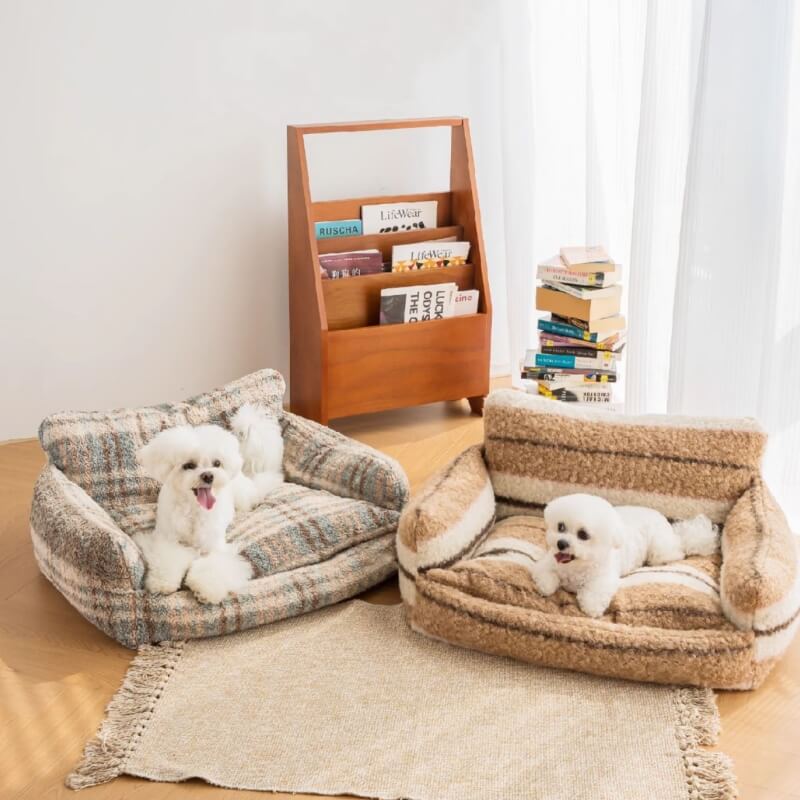 Close-up of the plush teddy velvet fabric on the pet sofa highlighting softness and breathability