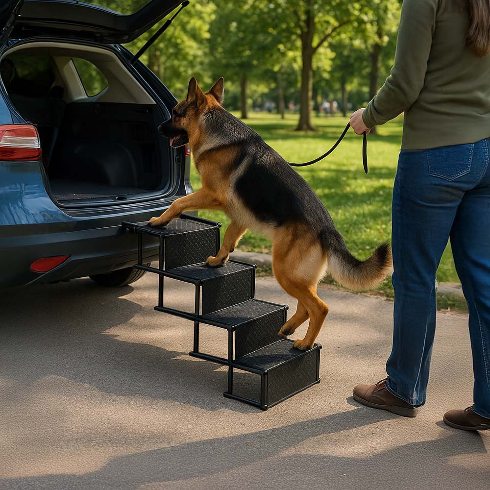 Side view of PawsUp foldable dog car stairs extended, showing non-slip treads, with a golden retriever comfortably ascending into an SUV.