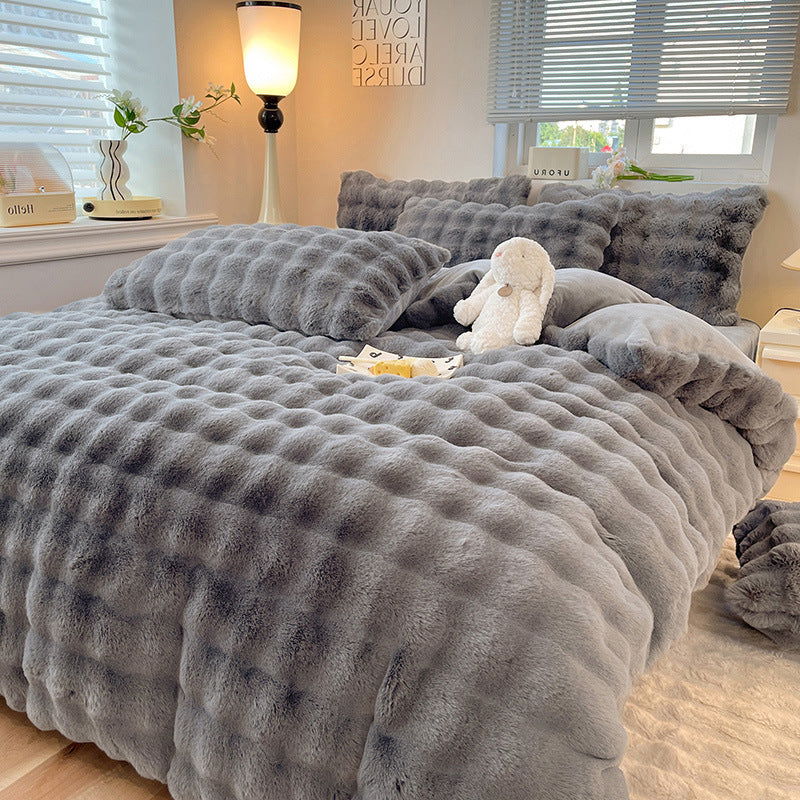 Close-up of the plush texture of the Cozy Luxe Faux Rabbit Fur Bed Sheet Set, perfect for winter.