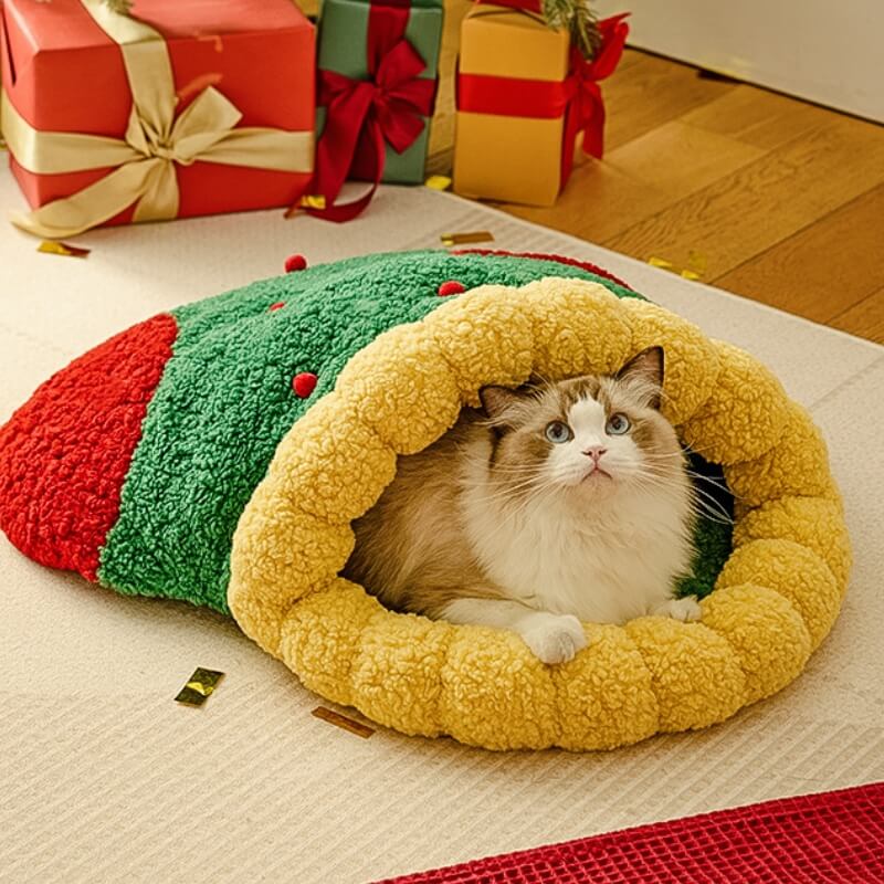 Velvet pet bed with Christmas tree design for small dogs and cats