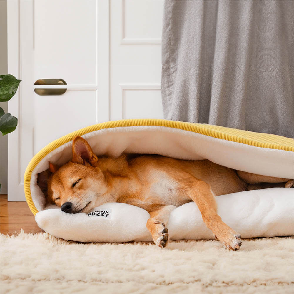 CozyCloud fuzzy dog sleeping bag in cream, showing a golden retriever puppy curled inside