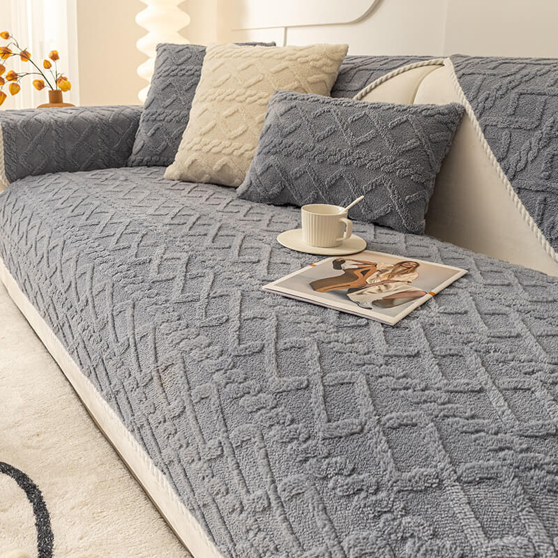VelvEase plush couch cover on a beige 3-seater sofa with throw pillows – ideal pet proof couch cover.