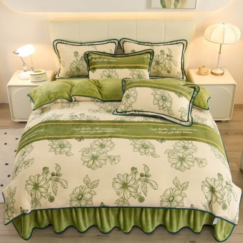 Elegant bed with a Floral Elegance Milk Velvet Bed Sheet Set draped beautifully, showcasing the intricate floral pattern and the soft texture of the velvet bedding.