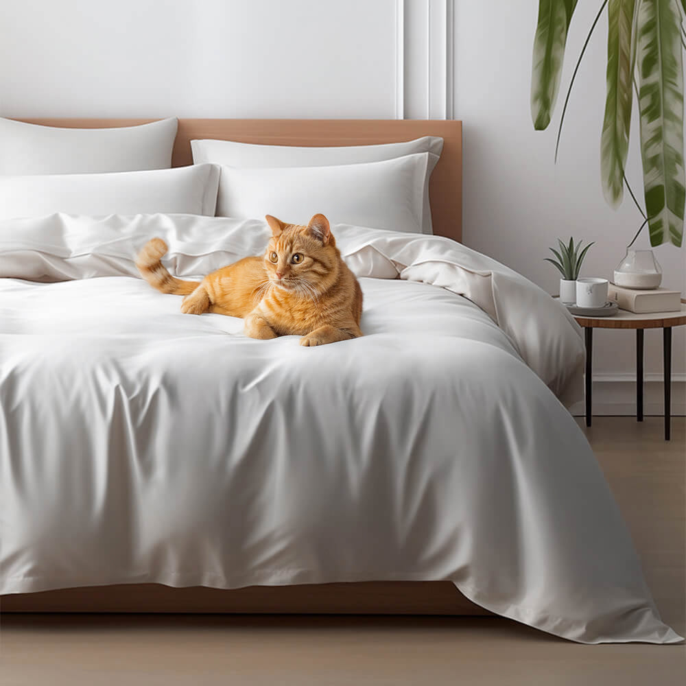 Eco-luxury bamboo duvet cover set displayed on a queen bed with decorative pillows.