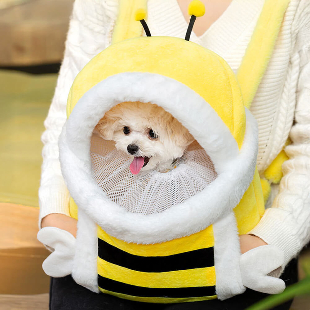 Cozy bee plush pet carrier for dogs and cats, showcasing its stylish design and soft material.