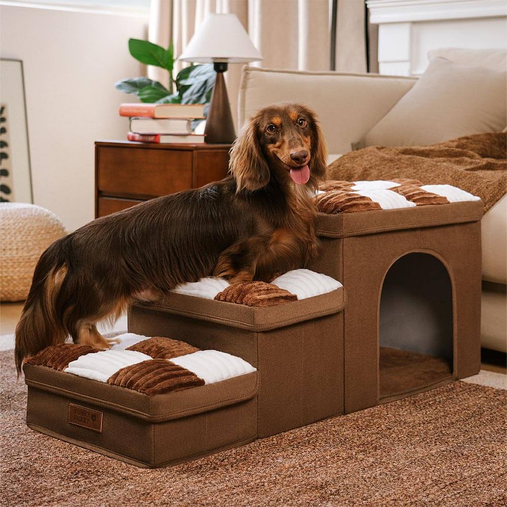 Side view of modern grey and white chessboard pattern pet steps, featuring a hidden storage compartment and a small dog peeking out of the integrated condo.