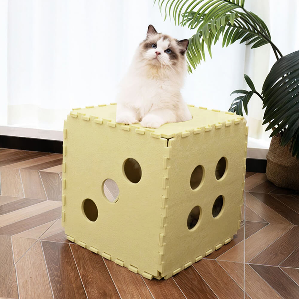 Cozy felt cat house with playful tunnel and scratching post.