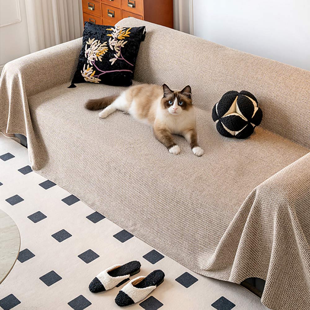 Pawsome Linen Couch Cover on a sofa with pets lounging on it