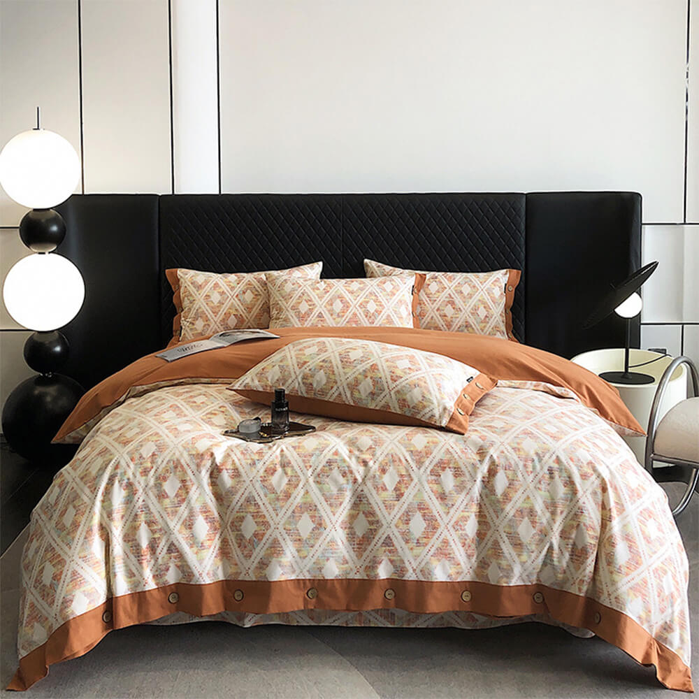 Close-up of colorful geometric pattern on ultra-soft brushed cotton bed sheet