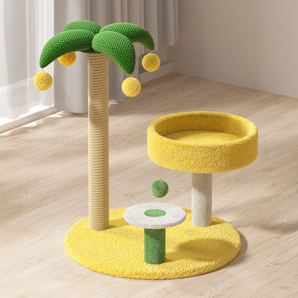 Tropical coconut tree cat tower with hanging toys in a living room setting