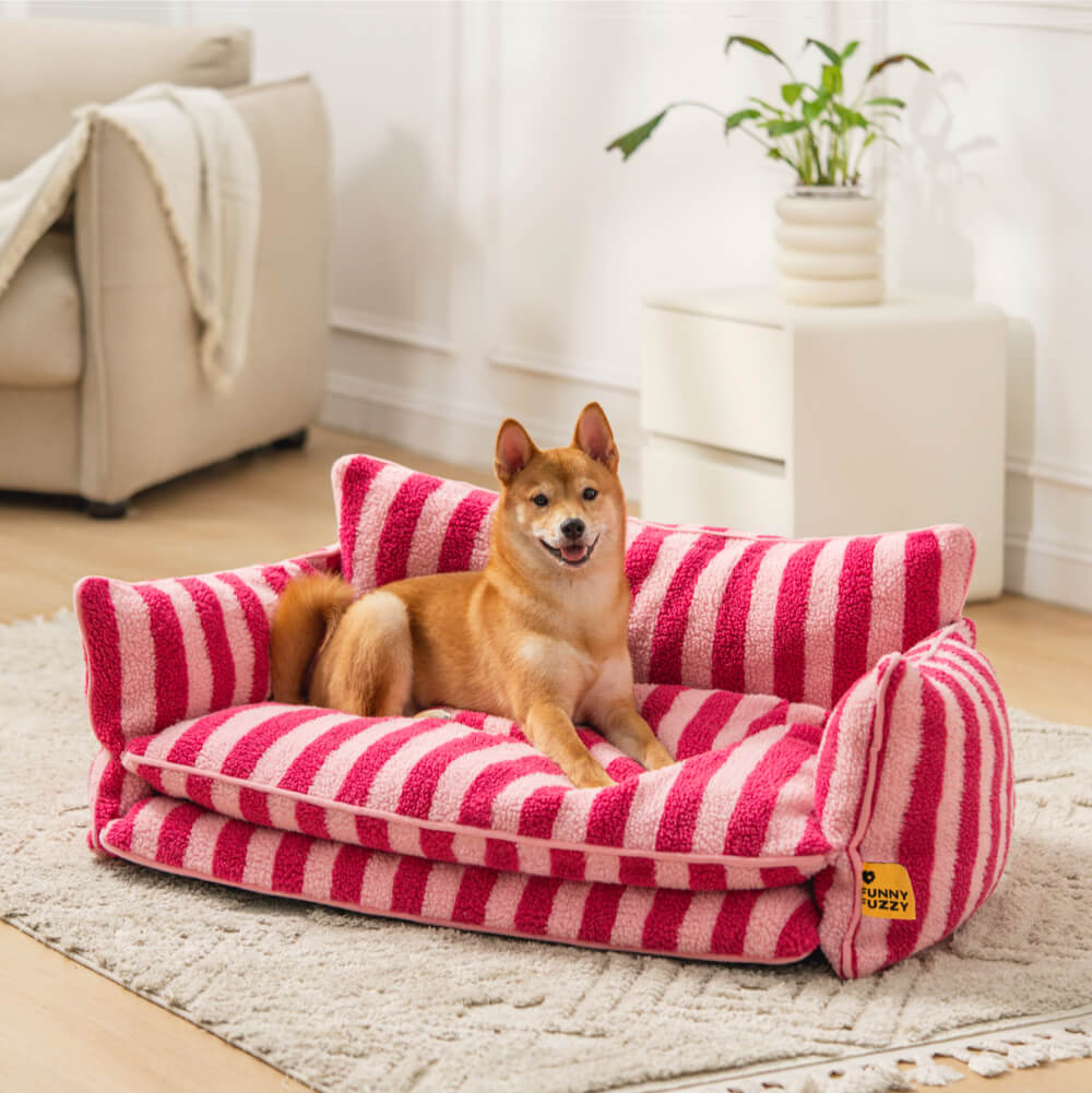 Close-up of the trendy striped faux lambswool pet bed showcasing its plush double layer design