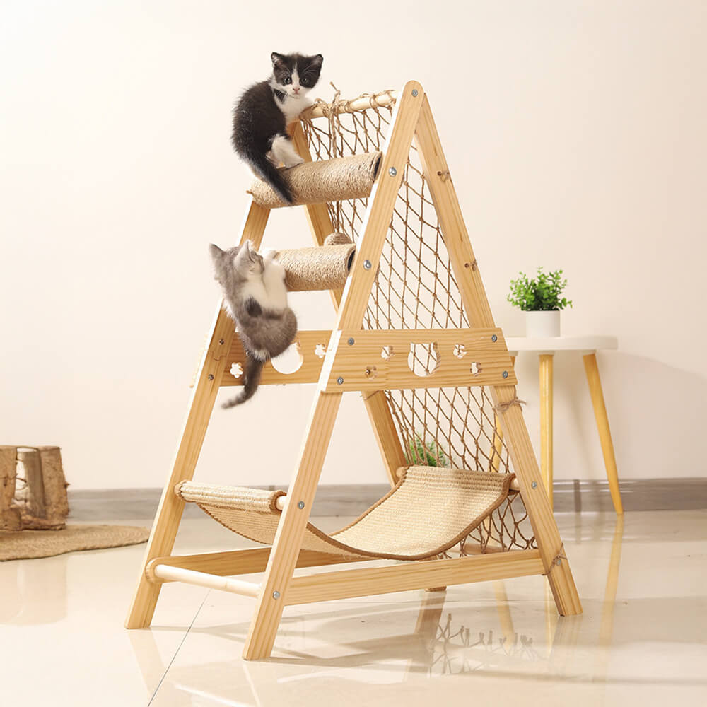 Modern Wooden Cat Tree with hammock and scratching posts, showcasing its eco-friendly design