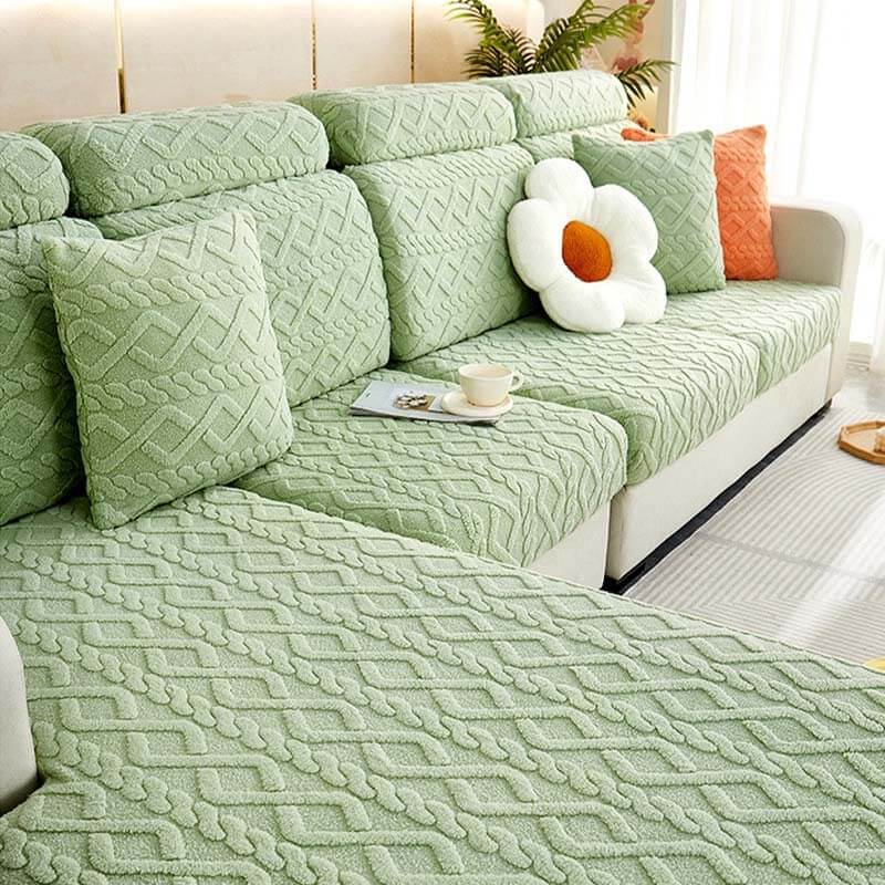 Close-up of soft fleece couch cover with plush texture