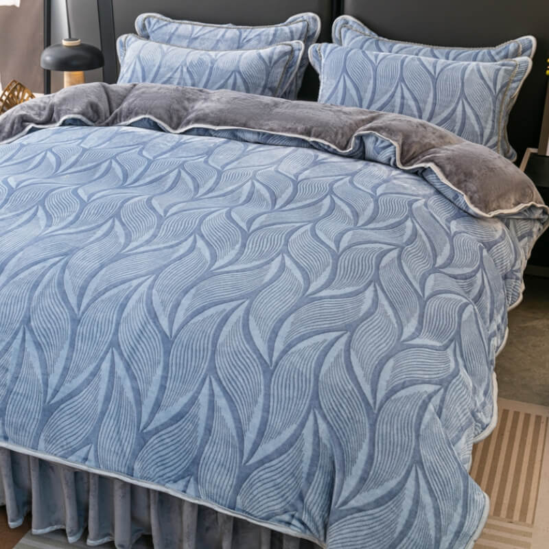 Luxury Milk Velvet Bedding Set with modern leaf pattern and bed skirt
