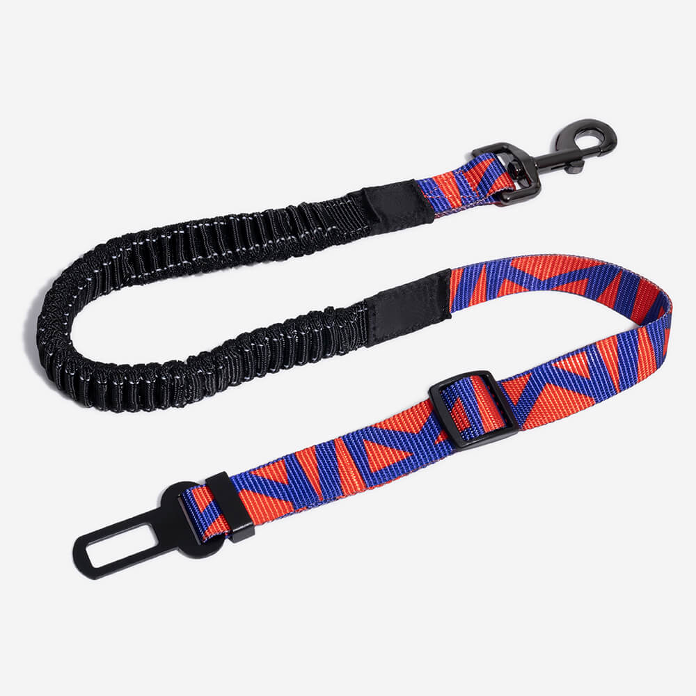 Dog wearing adjustable car seat belt in a moving vehicle