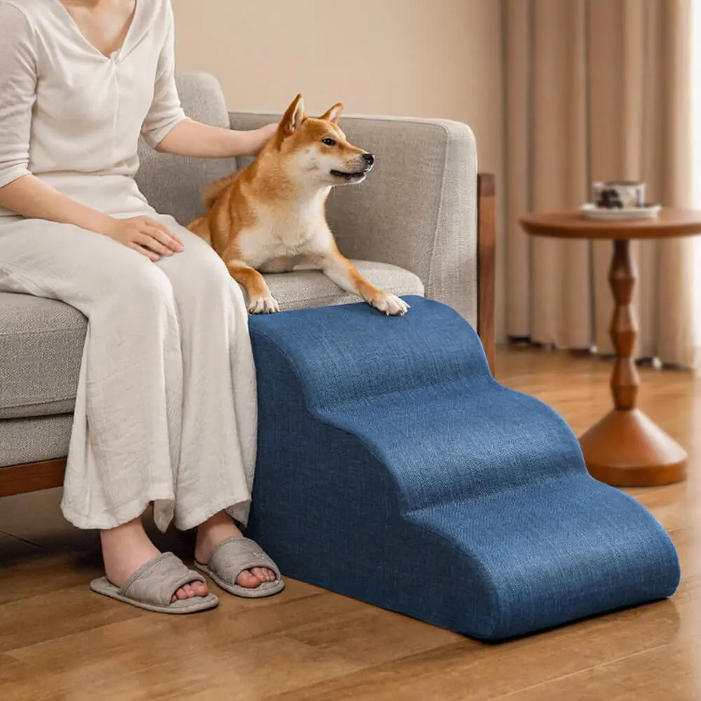Side view of ergonomic faux linen dog stairs with a soft incline for joint protection