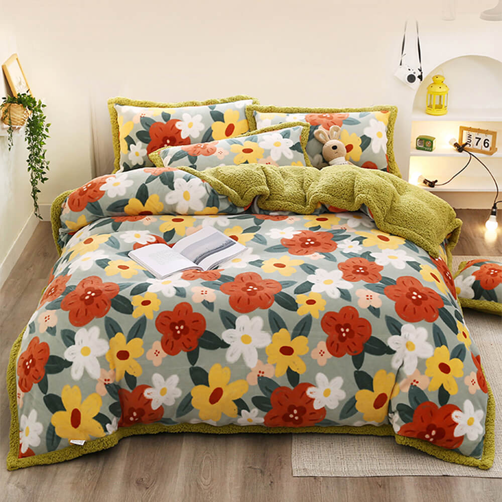 Overhead view of the Velura Bloom luxury bed set arranged in a sunlit bedroom, showcasing floral bedding details.