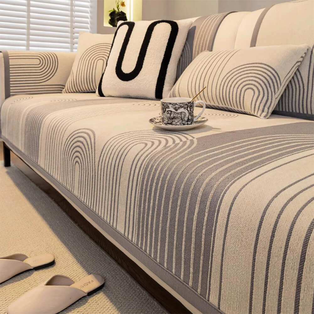 Close-up of the scratch-resistant chenille fabric with arch pattern on sofa
