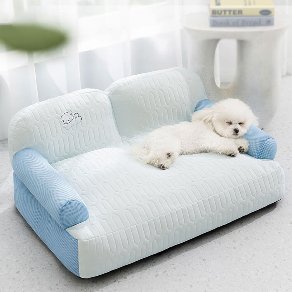 Close-up of breathable latex fabric on cooling dog sofa bed, ideal for small breeds