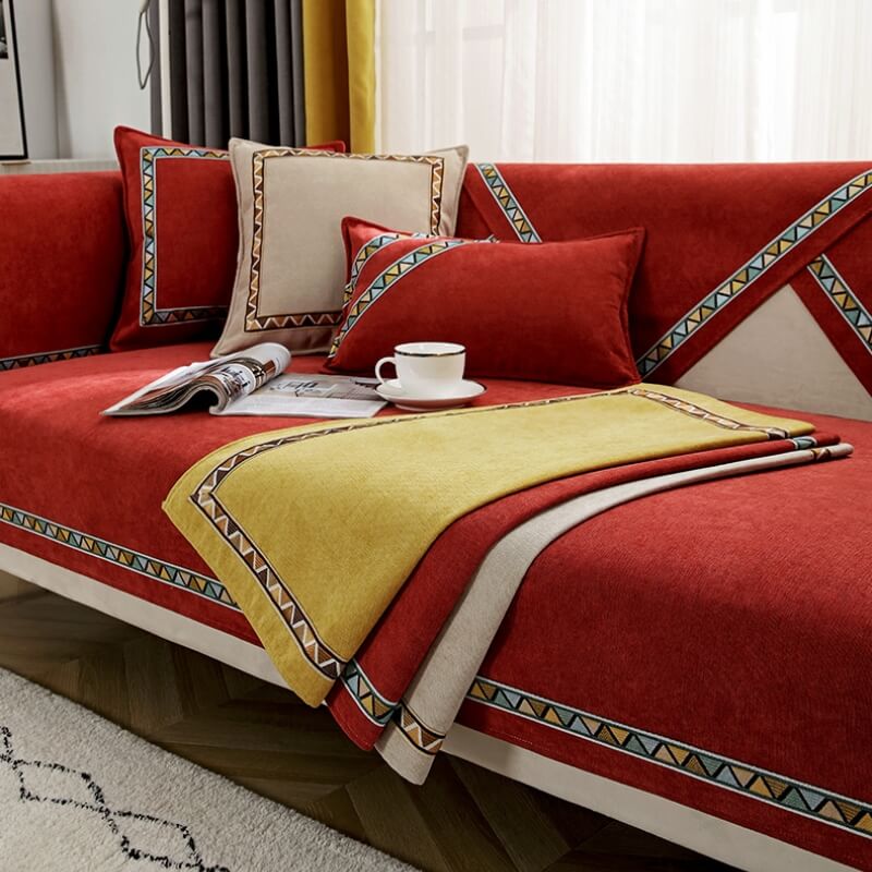 Stylish geometric pattern chenille sofa cover on a modern sectional sofa
