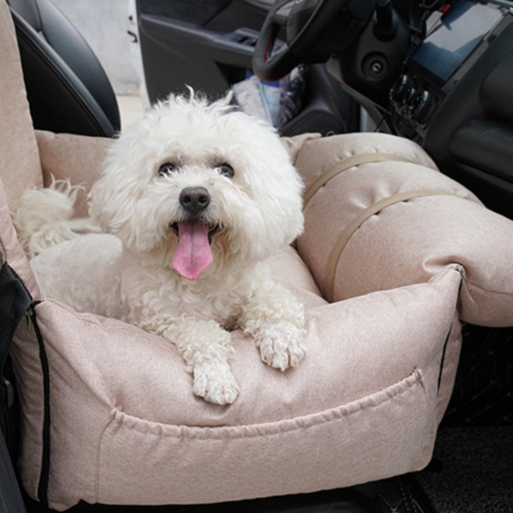 OrthoComfort Dog Car Seat angled view showing plush cushion and adjustable straps