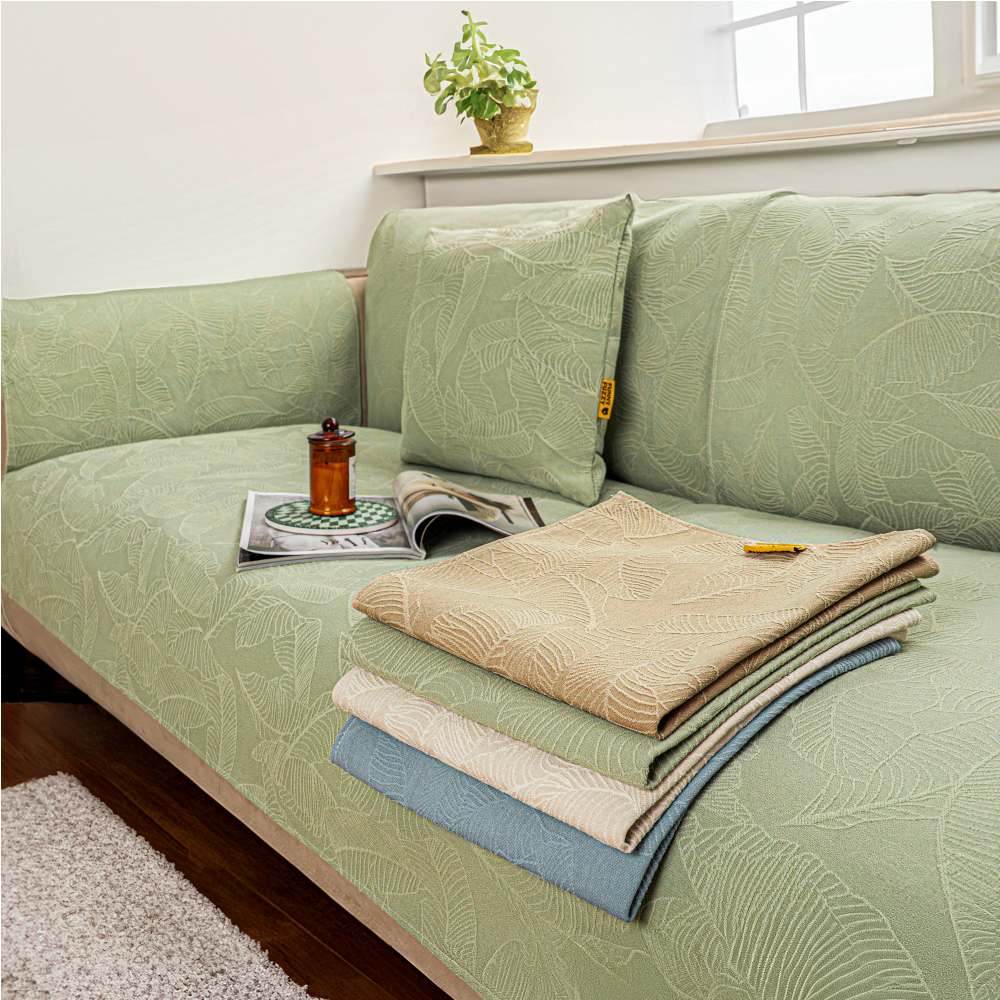 Leaf textured jacquard sofa protector showing detailed fabric pattern