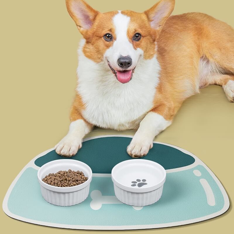 PawPerfect Pet Feeding Mat in use, showing its non-slip base and quick-dry surface