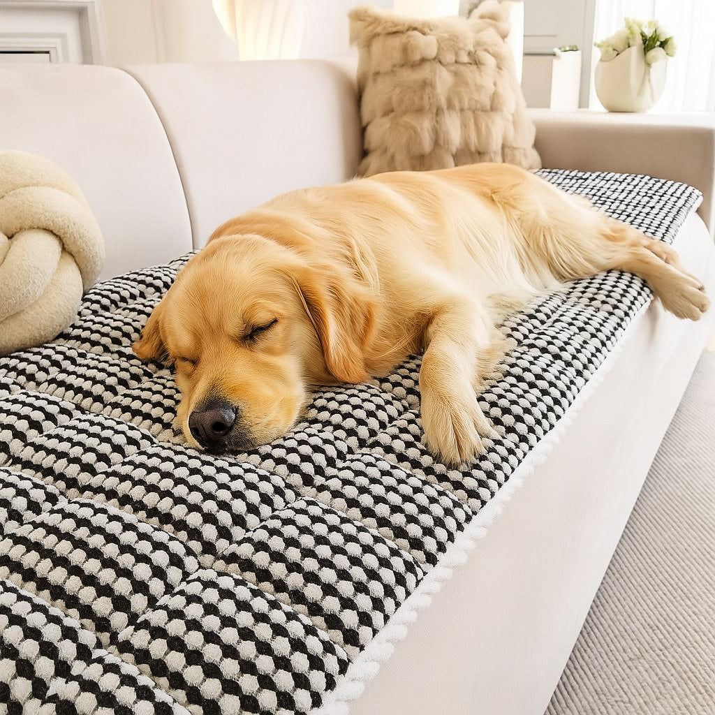 CozyPet quilted couch cover in a modern living room with pets