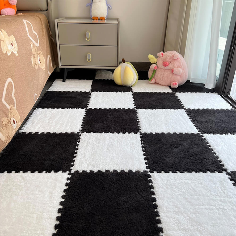 Checkerboard soft play rug showcasing its anti-slip backing and plush design.