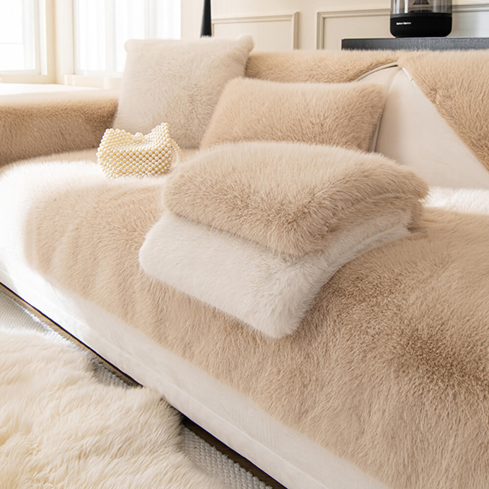 Cream faux fur sofa protector for living room, 90x120 cm