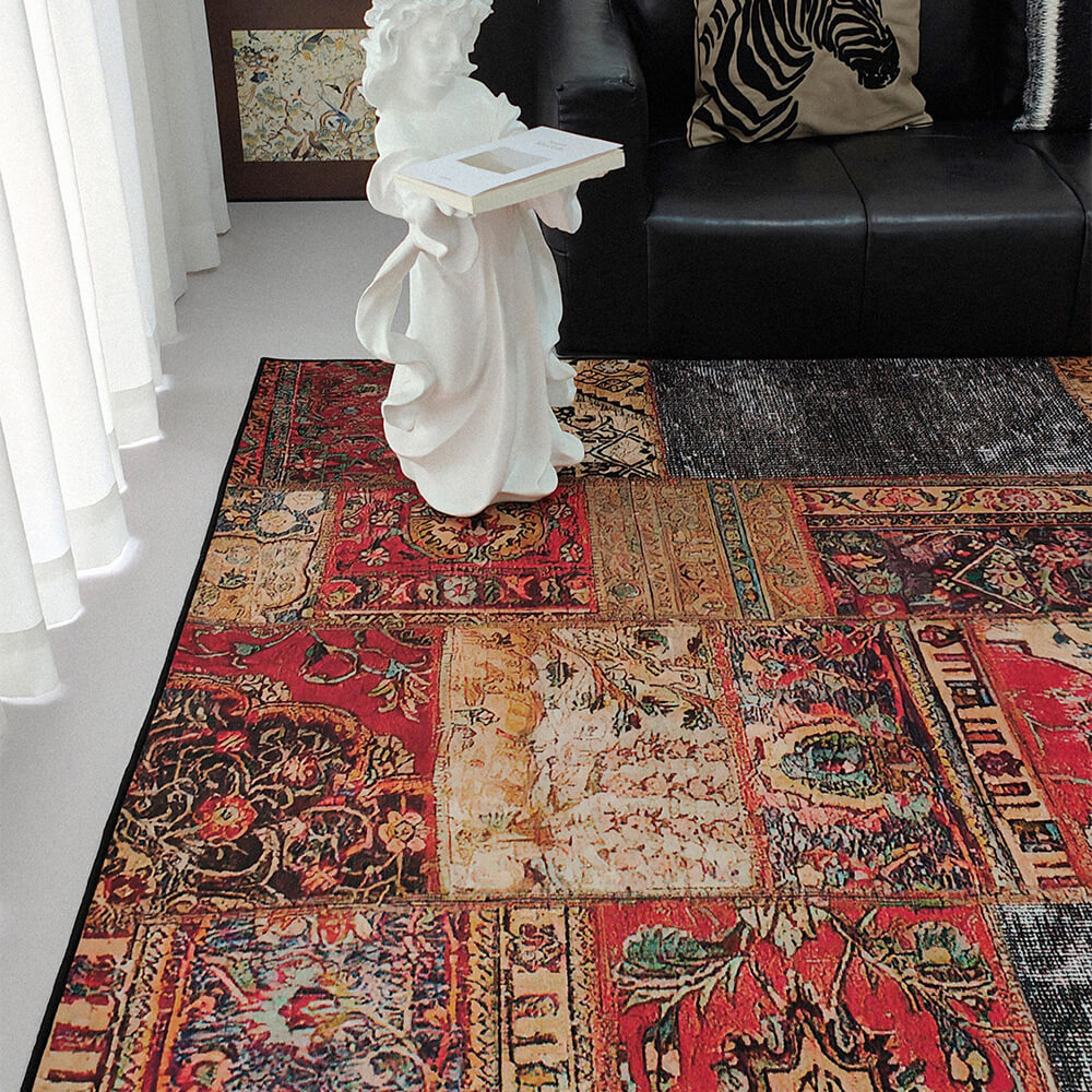 Close-up of Persian exotic style anti-bacterial rug with detailed patterns and vibrant colors