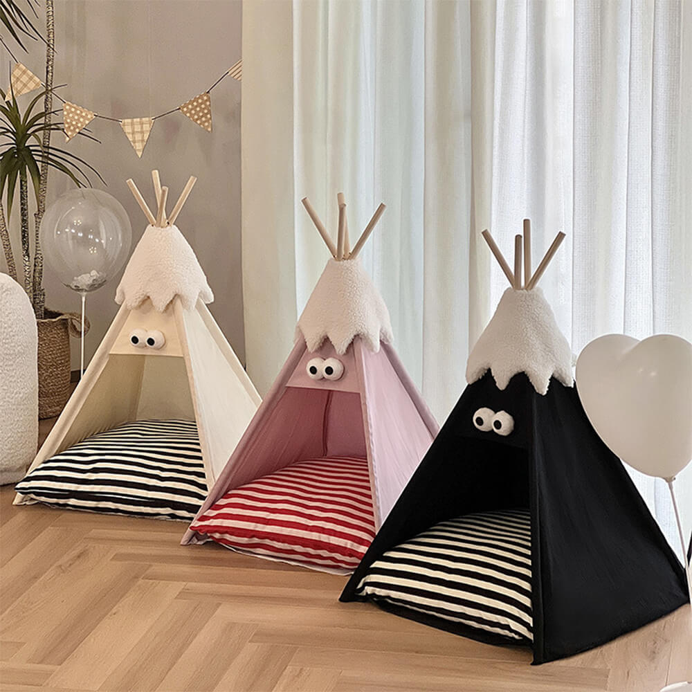 Funny striped dog tent in a cozy living room setting