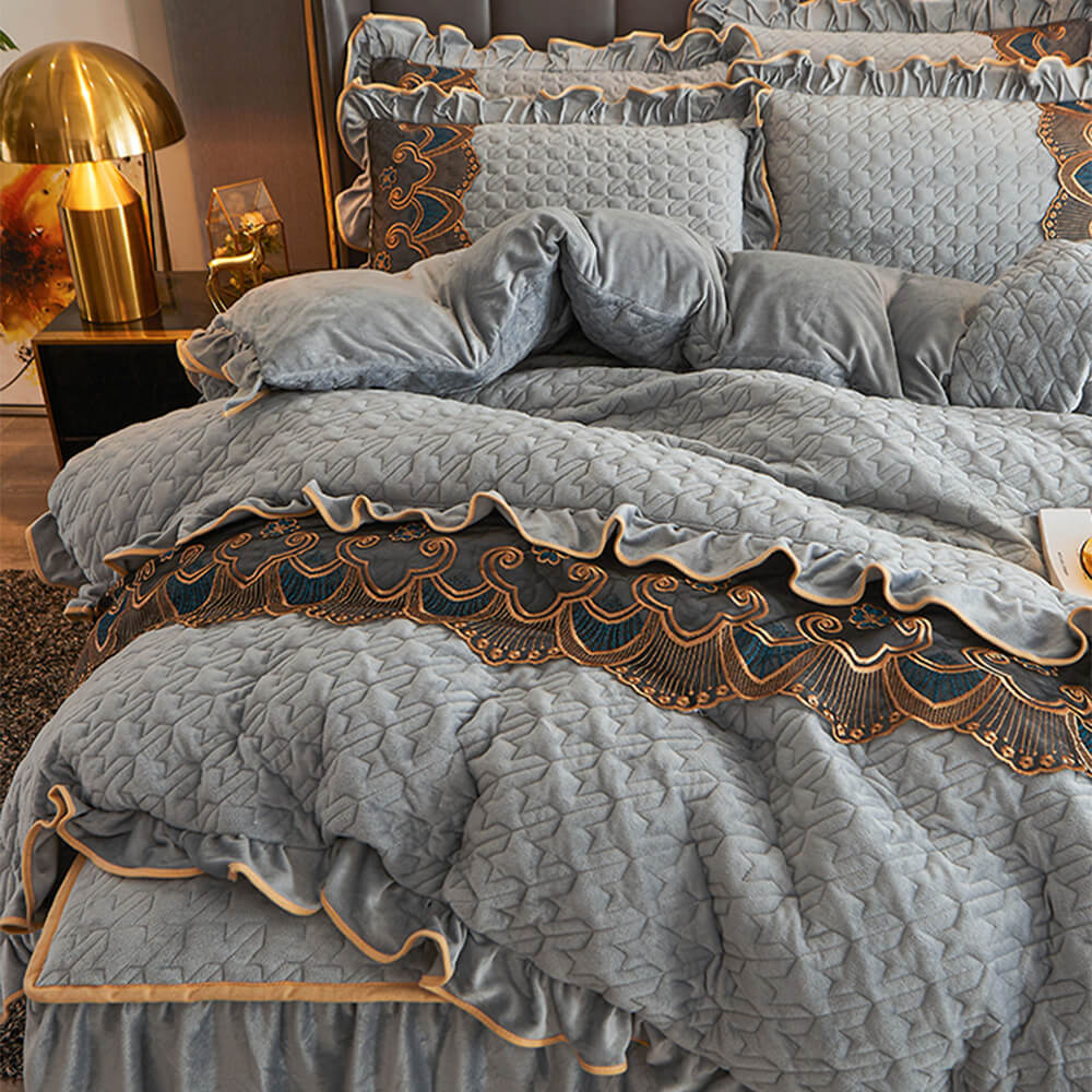 Luxury velvet bed sheet set with embroidered skirt and non-slip fitted sheet