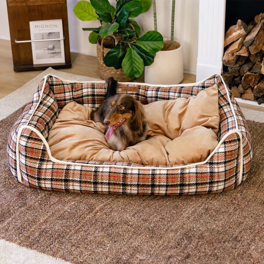 Pawsome Plaid Orthopedic Bolster Dog Bed in retro plaid design, perfect for large dogs
