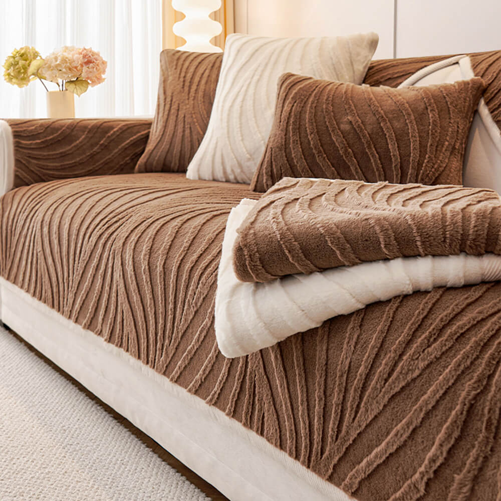 Wave textured plush couch cover in a modern living room