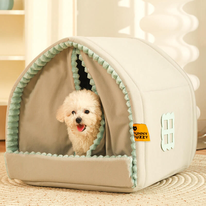 A cozy double curtain pet house in a modern living room setting, showcasing the front with curtains open.