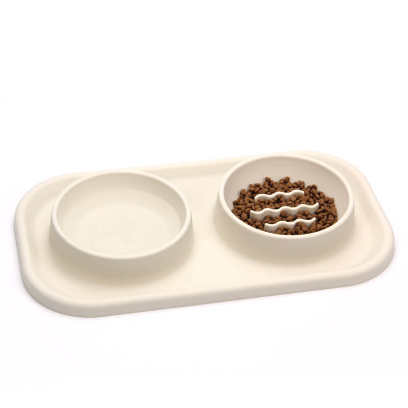 Overhead view of silicone dual bowl pet feeder with stainless steel insert