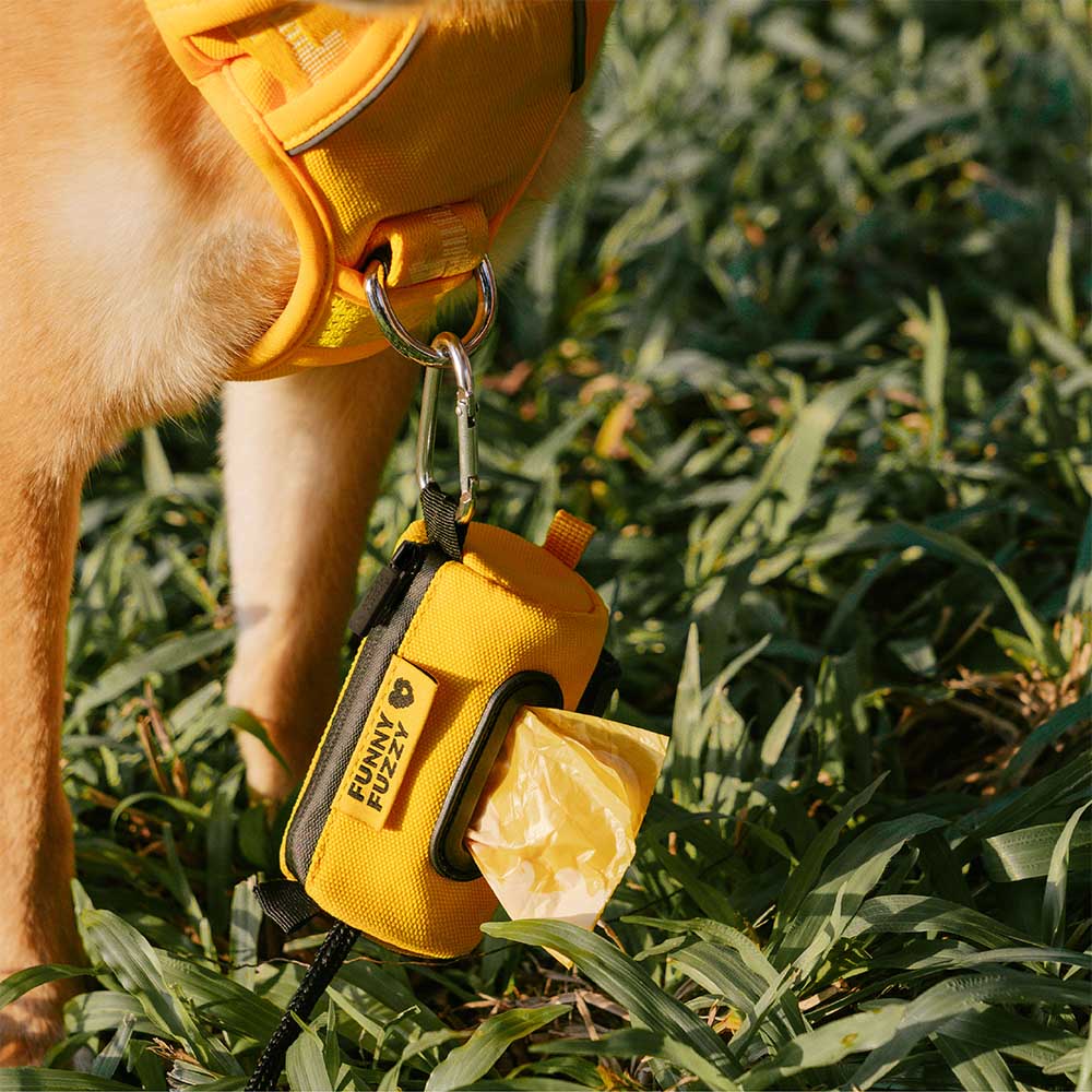 Top view of the dog leash poop bag dispenser attached to a standard black leash during a walk.
