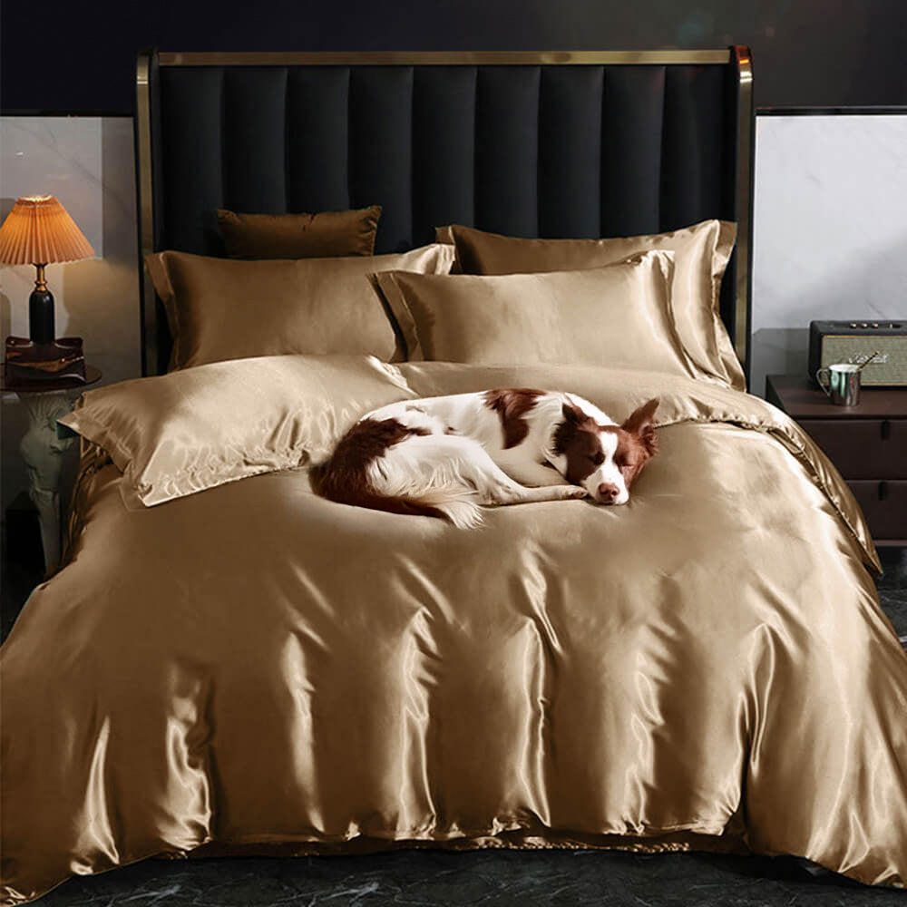CoolBreeze double-sided satin bedding set on a bed, showcasing its luxurious glossy finish