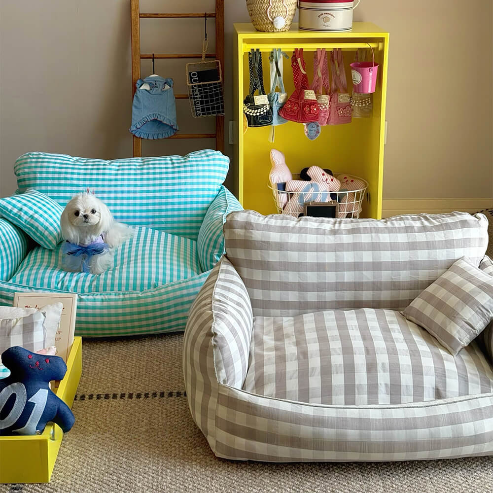 Close-up of breathable cotton-linen pet bed with pillows in modern living room