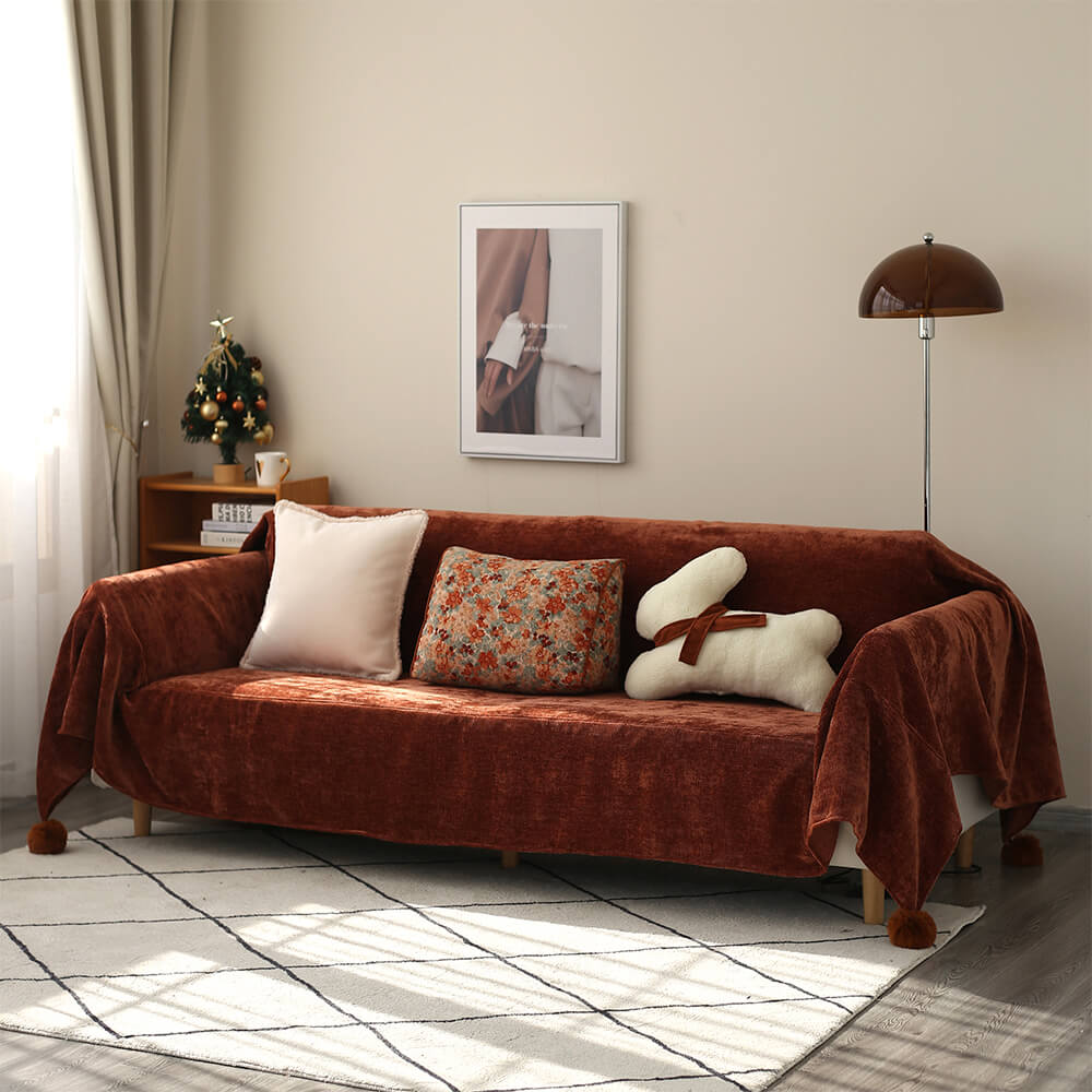 Front view of the chenille sofa cover protecting couch from pet scratches and fur